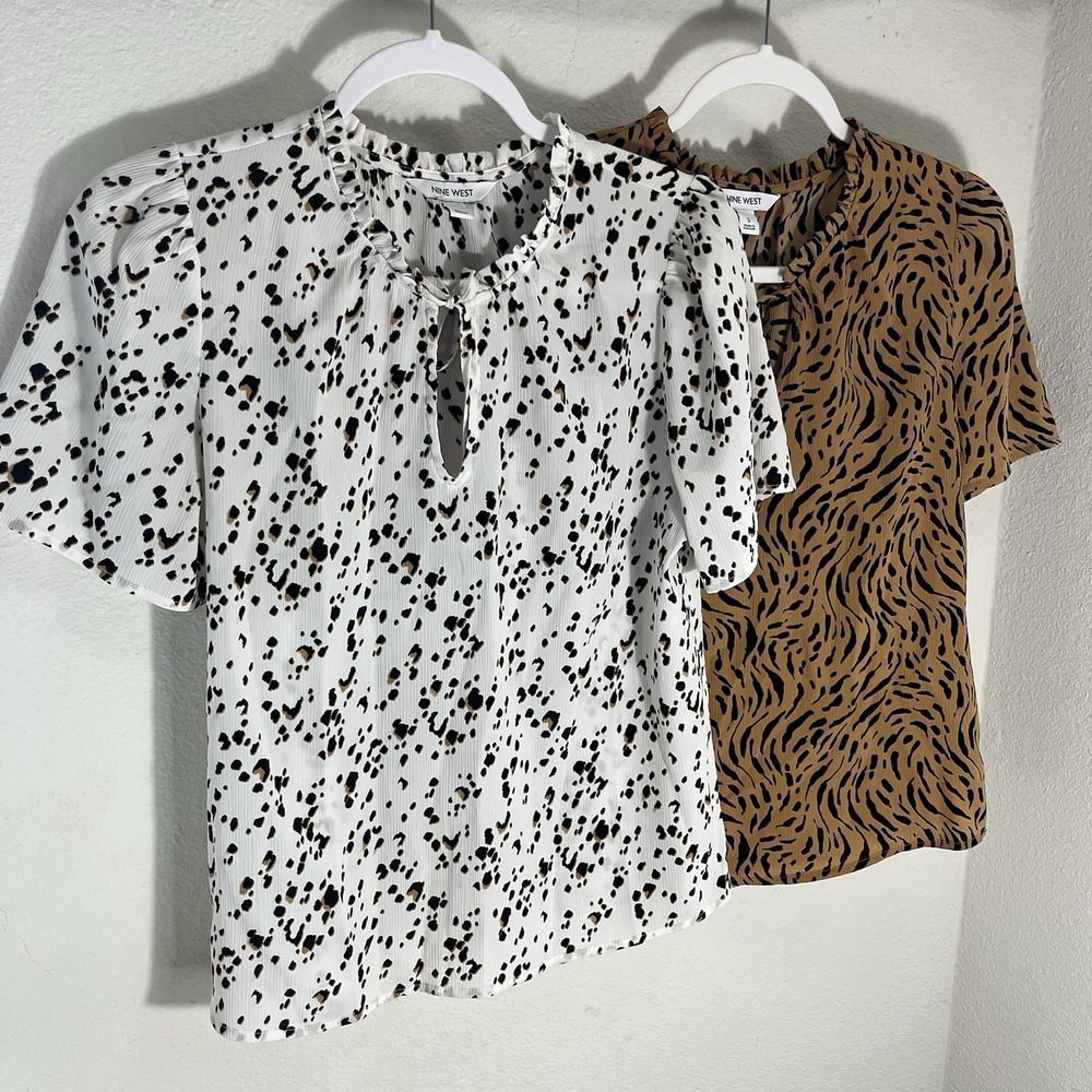 Nine West Top Tie Front Ruffle Neck Women's Small Animal Print Strips Spots (2)